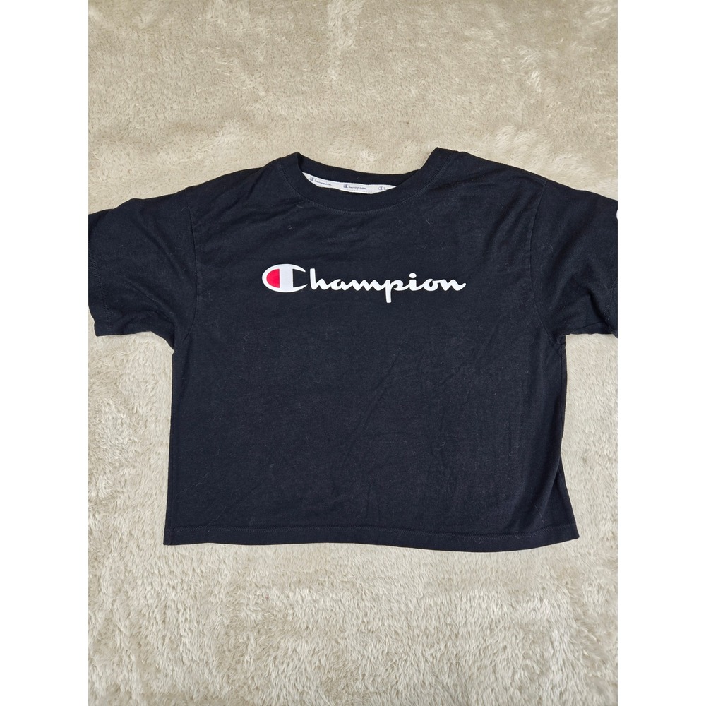 Champion Womens Black Cropped T Shirt Athletic Logo Casual Size XS